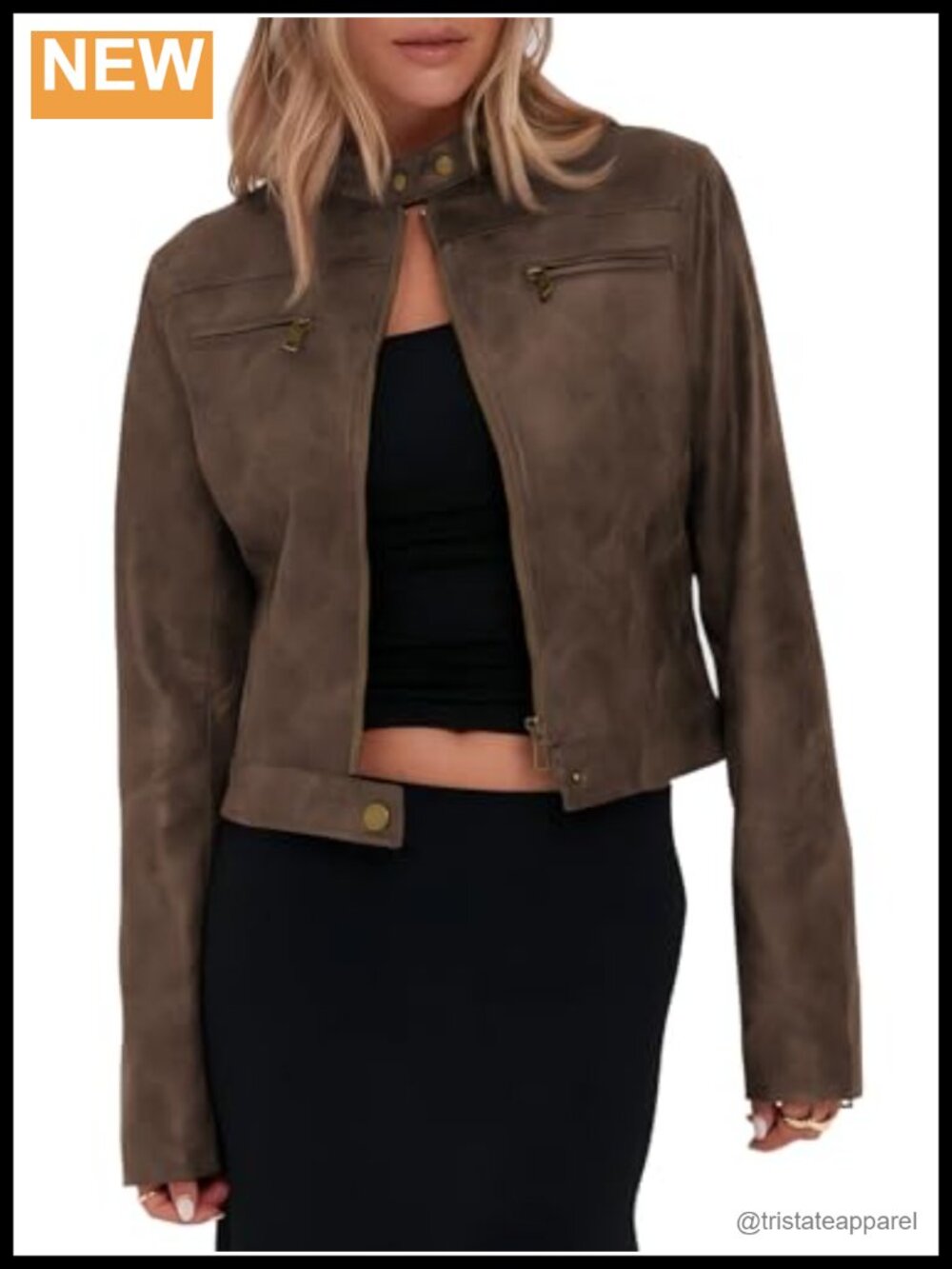 Faux Leather Cropped Motorcycle Jacket Vintage Zip Up Stand Collar Short Coat